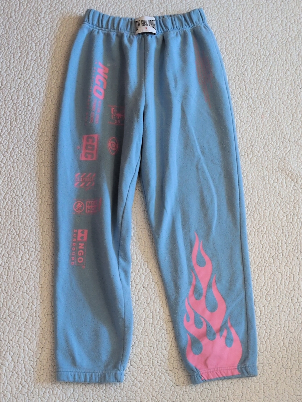 New Girl Order Retro Flame Pink Blue Jogger Style Sweatpants Grunge Distressed